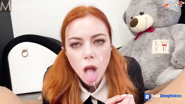 Horny teen having fun with your sperm on her face, fake Emma Stone