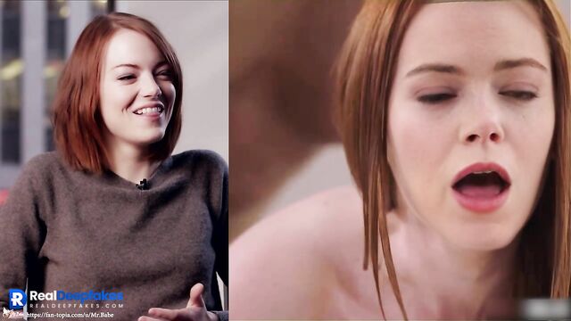 Red hair bitch Emma Stone was fucked by black guy, face swap