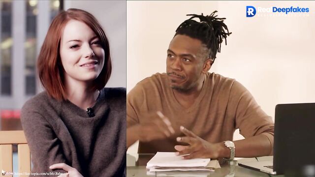Red hair bitch Emma Stone was fucked by black guy, face swap