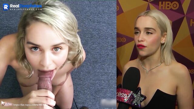 Tiny hot blonde Emilia Clarke loves dick sucking. Fake video
