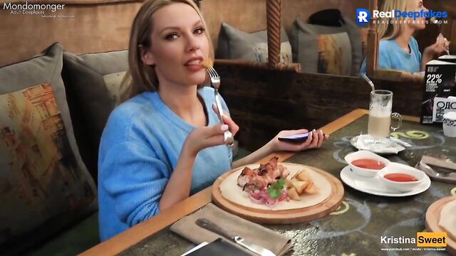 Blowjob under the table (in restaurant). Taylor Swift deepfake porn