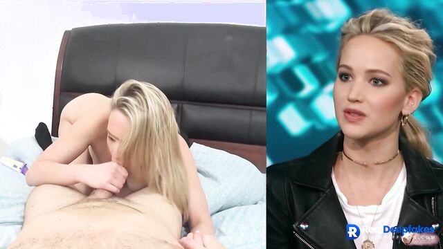 Blonde having fun with guy and vibrator, Jennifer Lawrence face swap