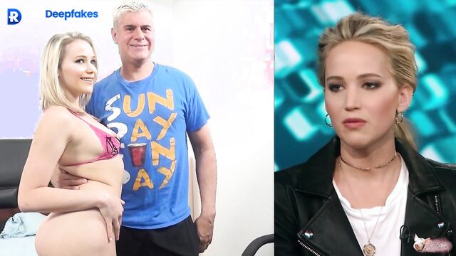 Blonde having fun with guy and vibrator, Jennifer Lawrence face swap